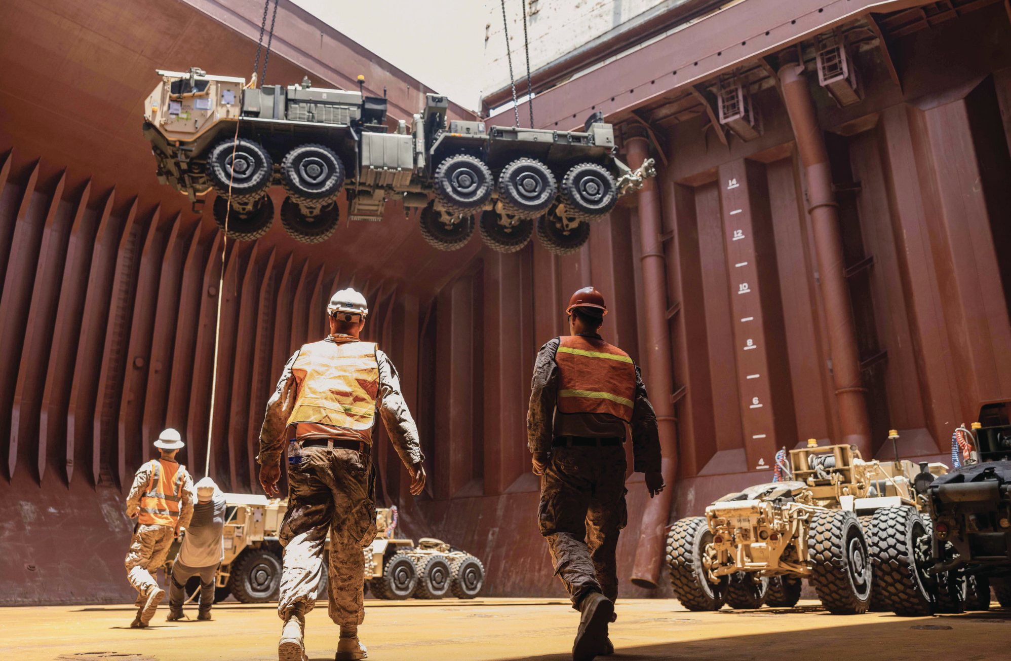 Marines with 2nd Distribution Support Battalion, Combat Logistics Regiment 2, 2nd Marine Logistics Group, conduct tactical vehicle onload at United Arab Emirates port after exercise Native Fury 24, May 28, 2024 (U.S. Marine Corps/Meshaq Hylton)